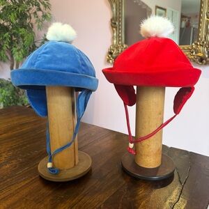 Vintage 1950s Kids Winter Belt Round Ear Flap Blue Red With Pom Pom Topper